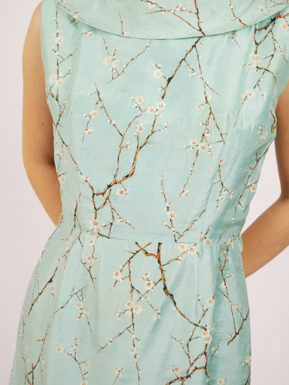 60s Sheath Dress (S) small light blue vintage midi floral collared mod - Picture 7 of 9